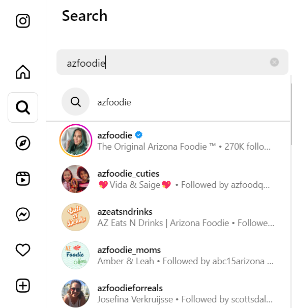 screenshot of instead search function with list of azfoodie instagram account