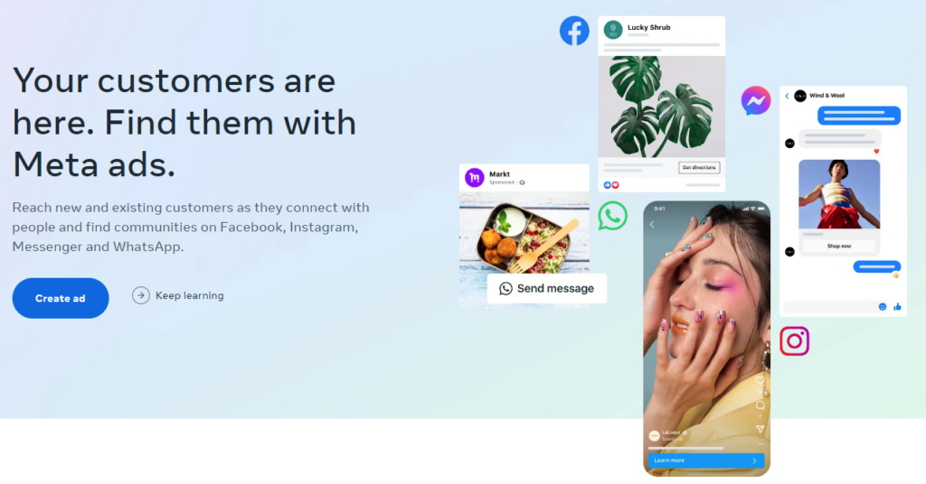 Screenshot of Facebook ads homepage to find customer with meta ads, FB, IG, Whatsapp, and messenger