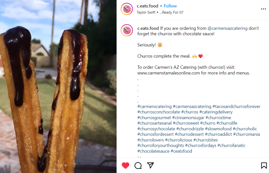 Screenshot of instagram post with churros and chocolate sauce in Phoenix Arizona