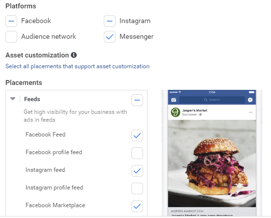 screenshot of facebook ads manager placement section