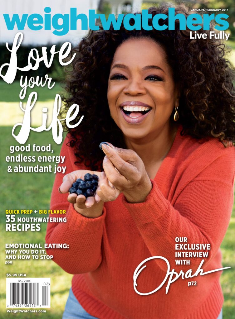 Picture of Oprah in an orange sweater on the cover of weight watchers