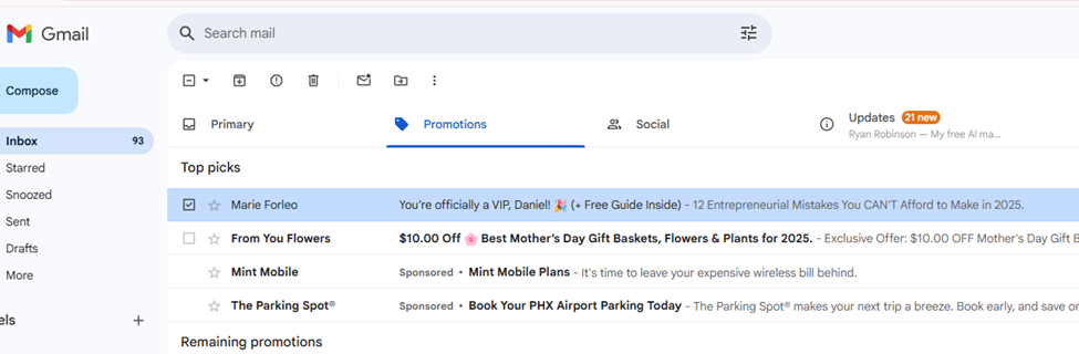 Screenshot of my gmail as evidence of a subscription to B School