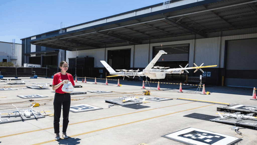 Drone girl with doordash drone with food